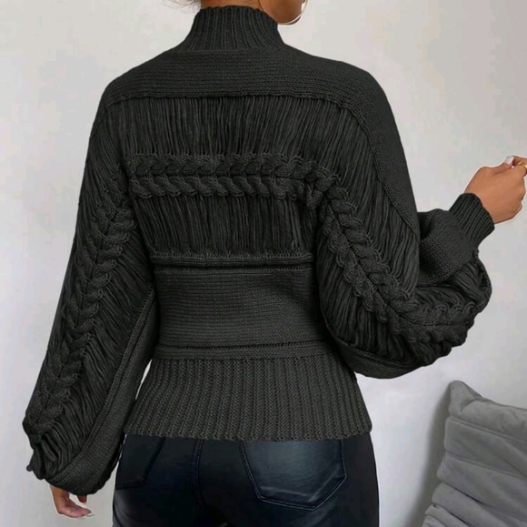 Luxe Mock Neck Cable Knit Lantern Sleeve Sweater Top - Picture 2 of 7